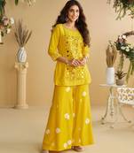 Mustard yellow golden embroidery and gota work real silk straight top pant- - Full Stitched free size
