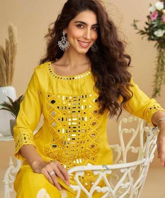 Mustard yellow golden embroidery and gota work real silk straight top pant- - Full Stitched free size 2