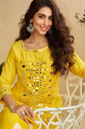 Mustard yellow golden embroidery and gota work real silk straight top pant- - Full Stitched free size