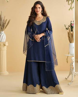 Navy blue golden embroidery and gota work real silk straight top pant- - Full Stitched free size 1