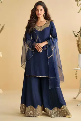 Navy blue golden embroidery and gota work real silk straight top pant- - Full Stitched free size