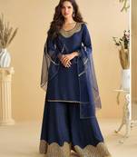 Navy blue golden embroidery and gota work real silk straight top pant- - Full Stitched free size