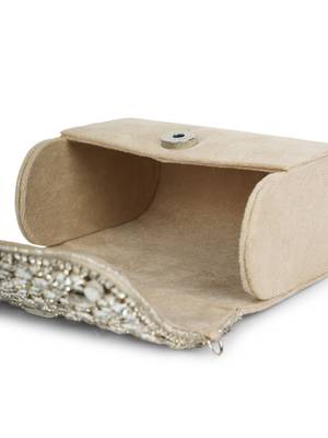 crystal cascade nude beige & silver stone embellished suede clutch 7