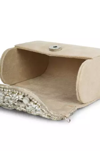 crystal cascade nude beige & silver stone embellished suede clutch