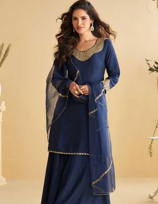 Navy blue golden embroidery and gota work real silk straight top pant- - Full Stitched free size 2