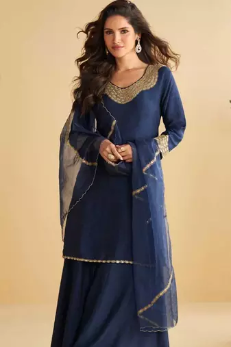 Navy blue golden embroidery and gota work real silk straight top pant- - Full Stitched free size