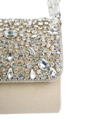 crystal cascade nude beige & silver stone embellished suede clutch 8