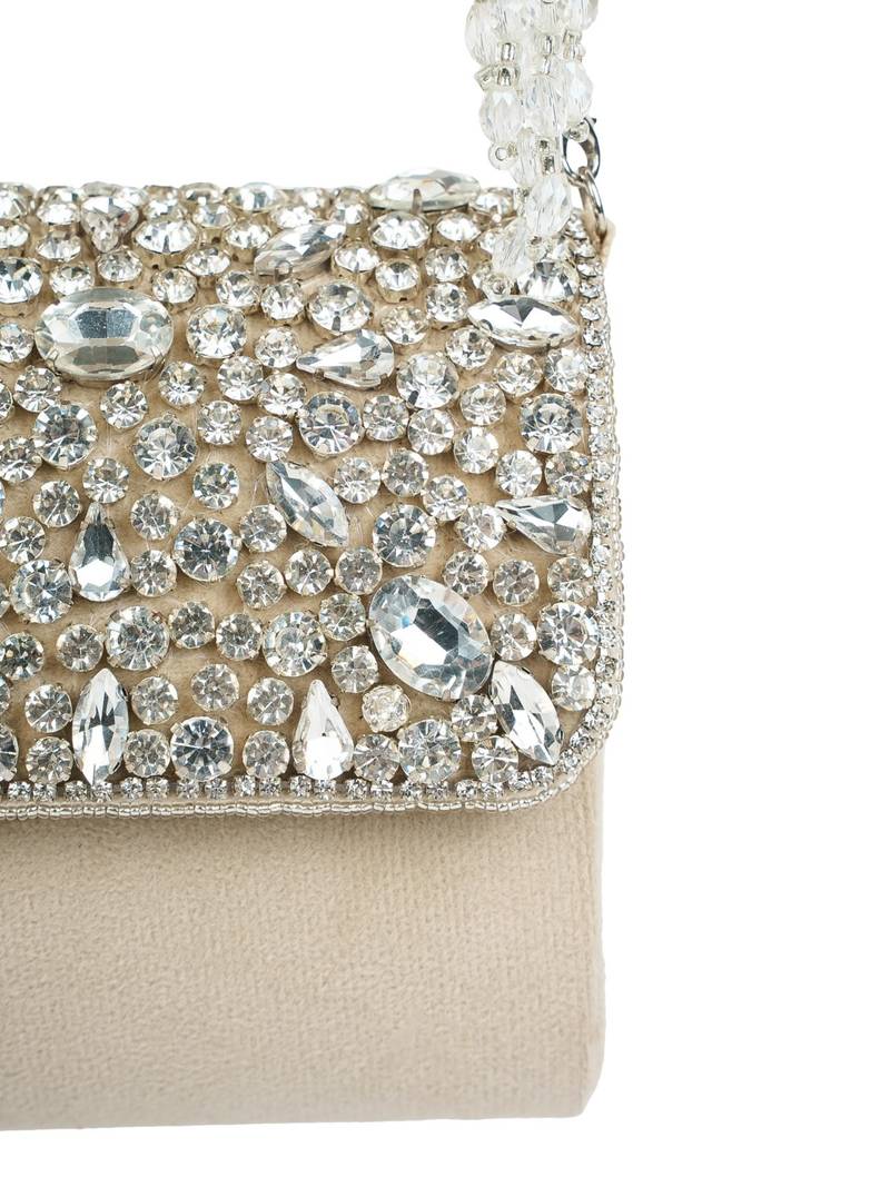 crystal cascade nude beige & silver stone embellished suede clutch