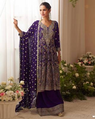 Deep purple embroidery seroski zarkan georgette anarkali kurta pant- - Full Stitched free size 1