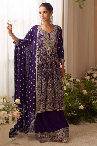Deep purple embroidery seroski zarkan georgette anarkali kurta pant- - Full Stitched free size