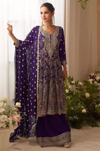 Deep purple embroidery seroski zarkan georgette anarkali kurta pant- - Full Stitched free size