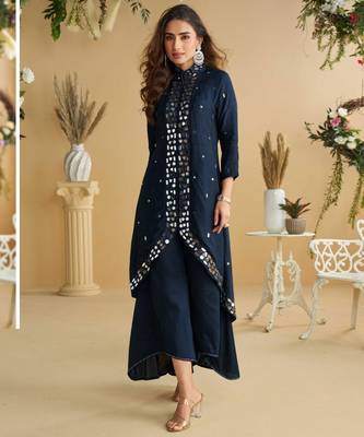 Navy blue golden embroidery and gota work real silk straight top pant- - Full Stitched free size 1
