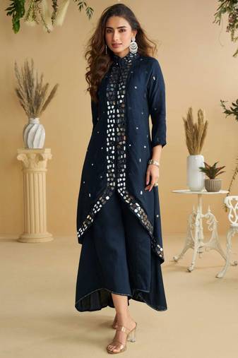 Navy blue golden embroidery and gota work real silk straight top pant- - Full Stitched free size