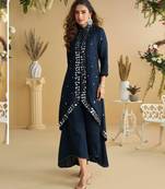 Navy blue golden embroidery and gota work real silk straight top pant- - Full Stitched free size