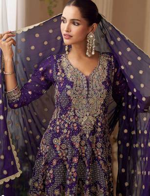 Deep purple embroidery seroski zarkan georgette anarkali kurta pant- - Full Stitched free size 2