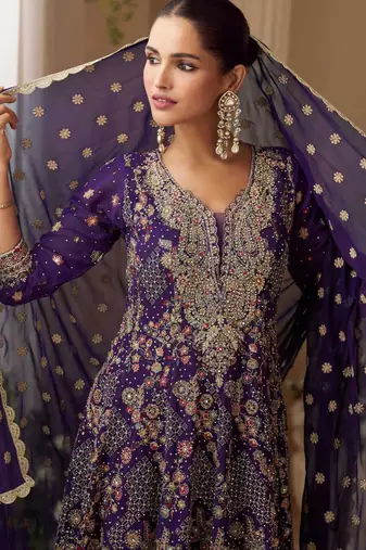 Deep purple embroidery seroski zarkan georgette anarkali kurta pant- - Full Stitched free size