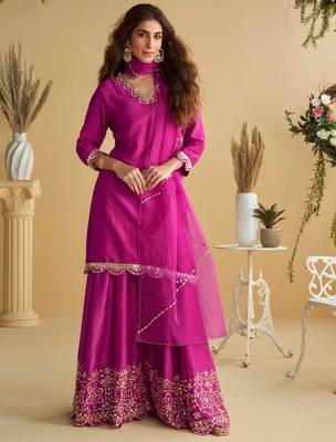 Rani pink golden embroidery and gota work real silk straight top pant- - Full Stitched free size 1