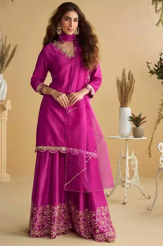 Rani pink golden embroidery and gota work real silk straight top pant- - Full Stitched free size
