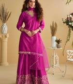 Rani pink golden embroidery and gota work real silk straight top pant- - Full Stitched free size