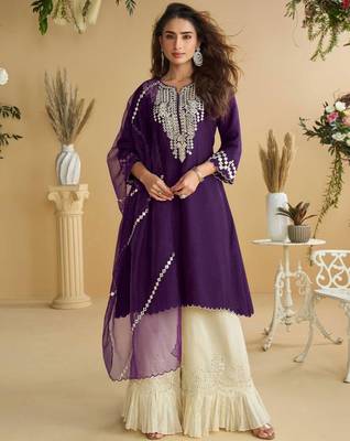Deep purple golden embroidery and gota work real silk straight top pant- - Full Stitched free size 1