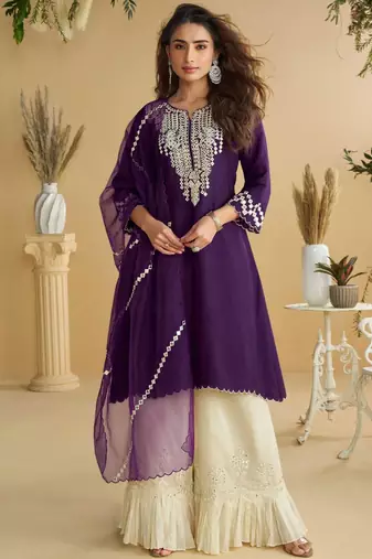 Deep purple golden embroidery and gota work real silk straight top pant- - Full Stitched free size