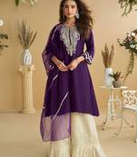 Deep purple golden embroidery and gota work real silk straight top pant- - Full Stitched free size