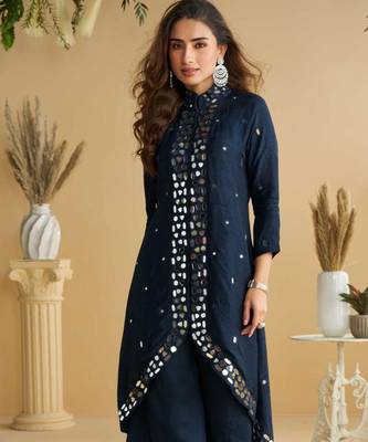 Navy blue golden embroidery and gota work real silk straight top pant- - Full Stitched free size 2