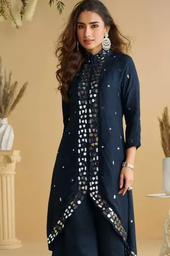 Navy blue golden embroidery and gota work real silk straight top pant- - Full Stitched free size