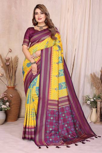 yellow premium south soft silk blend saree