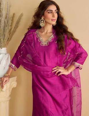 Rani pink golden embroidery and gota work real silk straight top pant- - Full Stitched free size 2