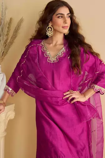 Rani pink golden embroidery and gota work real silk straight top pant- - Full Stitched free size