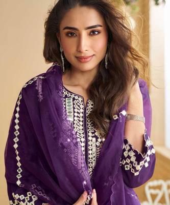 Deep purple golden embroidery and gota work real silk straight top pant- - Full Stitched free size 2