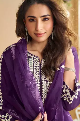 Deep purple golden embroidery and gota work real silk straight top pant- - Full Stitched free size