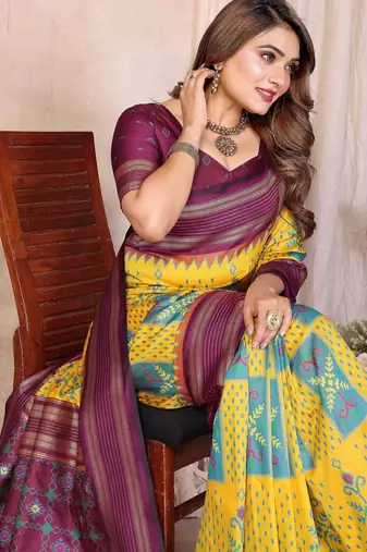 yellow premium south soft silk blend saree