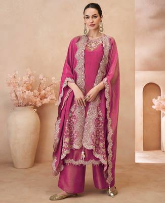 Pink thread and sequins embroidery with stones simmar silk straight top palazzo suit- - Full Stitched free size 1