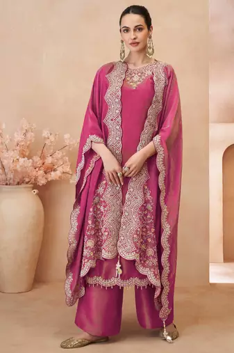 Pink thread and sequins embroidery with stones simmar silk straight top palazzo suit- - Full Stitched free size