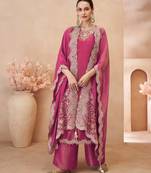 Pink thread and sequins embroidery with stones simmar silk straight top palazzo suit- - Full Stitched free size
