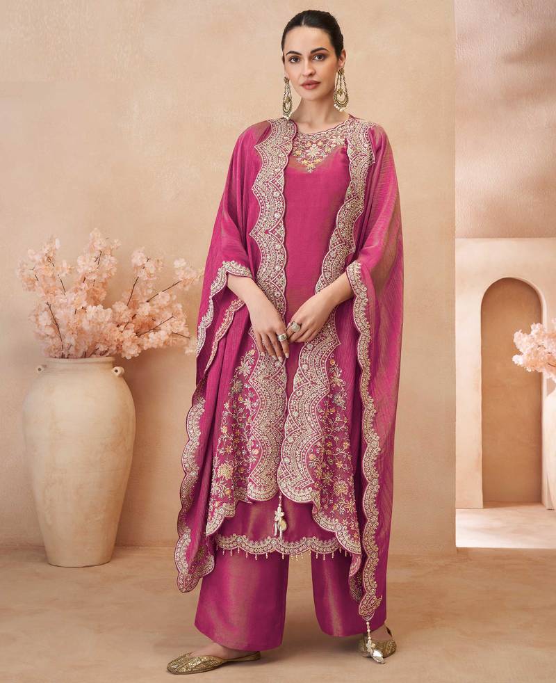 Pink thread and sequins embroidery with stones simmar silk straight top palazzo suit- - Full Stitched free size