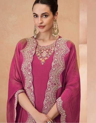 Pink thread and sequins embroidery with stones simmar silk straight top palazzo suit- - Full Stitched free size 2