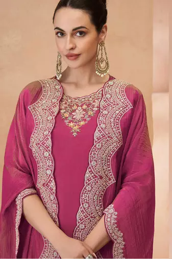 Pink thread and sequins embroidery with stones simmar silk straight top palazzo suit- - Full Stitched free size