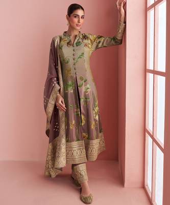 Beige & mauve emboidery  sequince & printed silk front cut a-line kurta pant suit- - Full Stitched free size 1