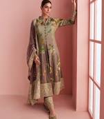 Beige & mauve emboidery  sequince & printed silk front cut a-line kurta pant suit- - Full Stitched free size