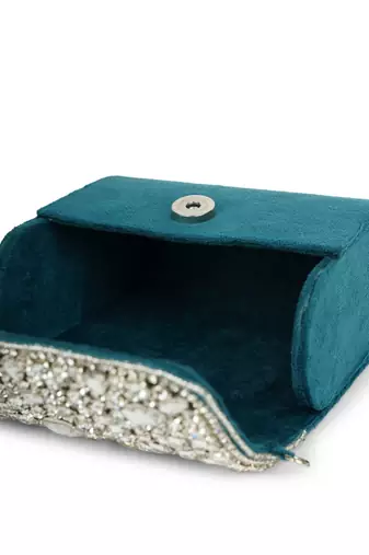 crystal cascade deep teal & silver stone embellished suede clutch