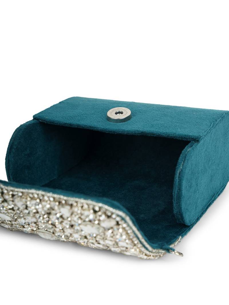 crystal cascade deep teal & silver stone embellished suede clutch