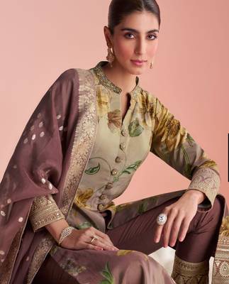 Beige & mauve emboidery  sequince & printed silk front cut a-line kurta pant suit- - Full Stitched free size 2