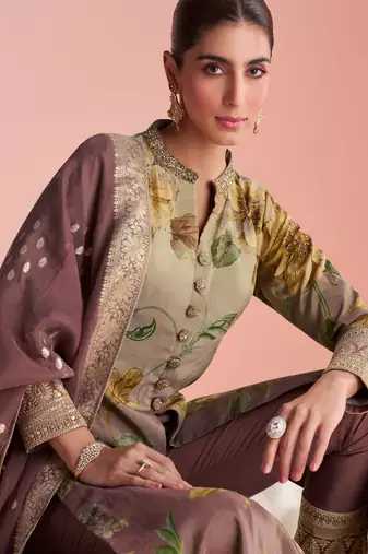 Beige & mauve emboidery  sequince & printed silk front cut a-line kurta pant suit- - Full Stitched free size