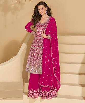 Pink thread and sequins embroidery georgette straight top palazzo suit- - Full Stitched free size 1