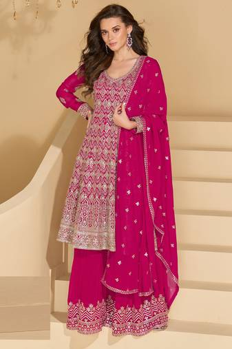 Pink thread and sequins embroidery georgette straight top palazzo suit- - Full Stitched free size