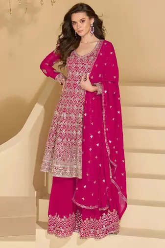 Pink thread and sequins embroidery georgette straight top palazzo suit- - Full Stitched free size