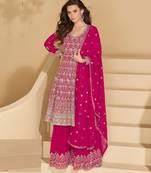 Pink thread and sequins embroidery georgette straight top palazzo suit- - Full Stitched free size